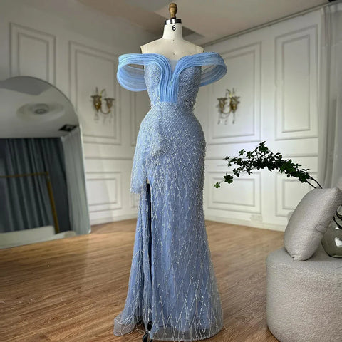 Robe de soirée sirène bleu saoudien 2025, épaules dénudées, avec perles et fente latérale, pour une occasion formelle, LA72867 
