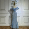 Vestido de noche de sirena con hombros descubiertos, escote barco y abertura lateral, color azul saudí, con cuentas, ideal para ocasiones formales (LA72867) 
