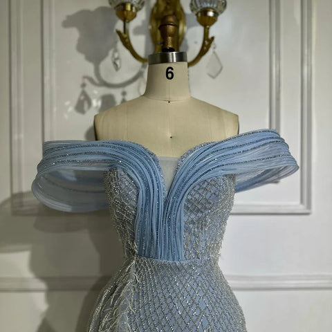 Robe de soirée sirène bleu saoudien 2025, épaules dénudées, avec perles et fente latérale, pour une occasion formelle, LA72867 