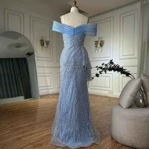 Robe de soirée sirène bleu saoudien 2025, épaules dénudées, avec perles et fente latérale, pour une occasion formelle, LA72867 