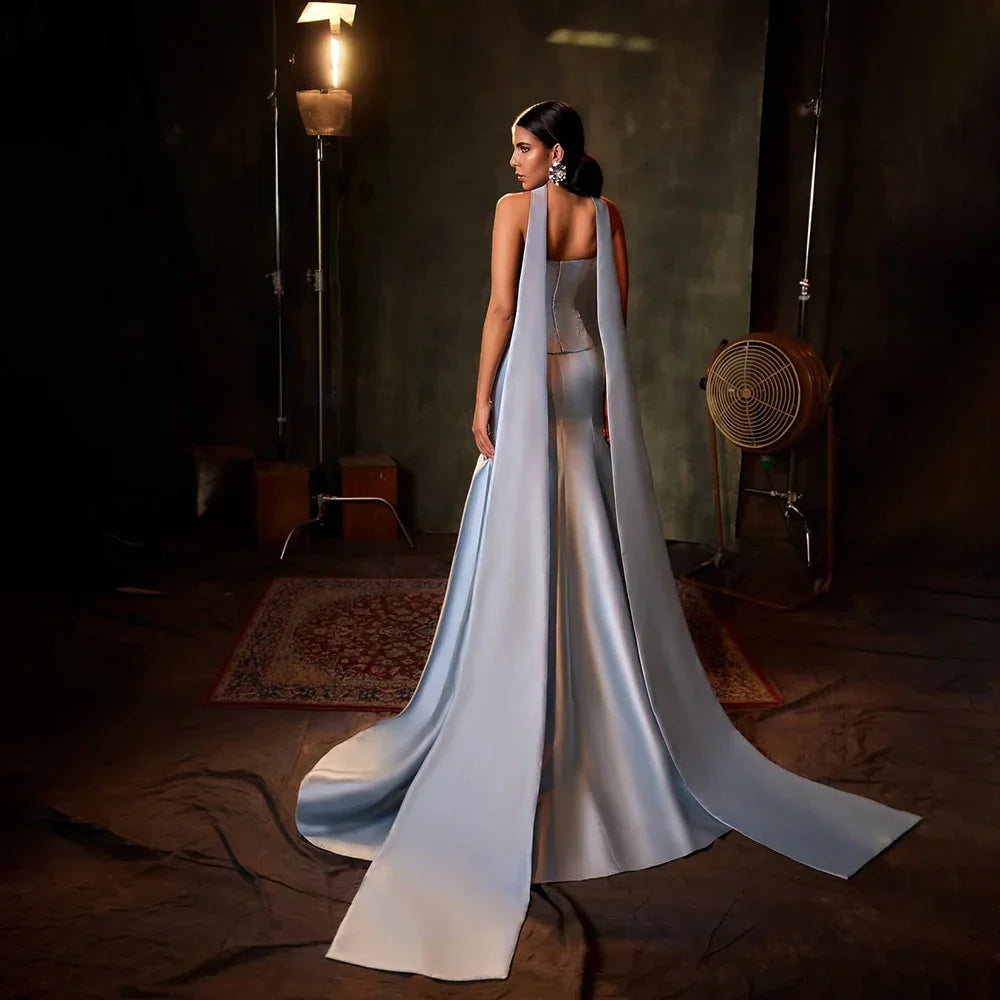 Vestido de noche de satén azul saudí sin tirantes estilo sirena con bufanda larga para ocasiones formales LA72831 (modelo 2025) 