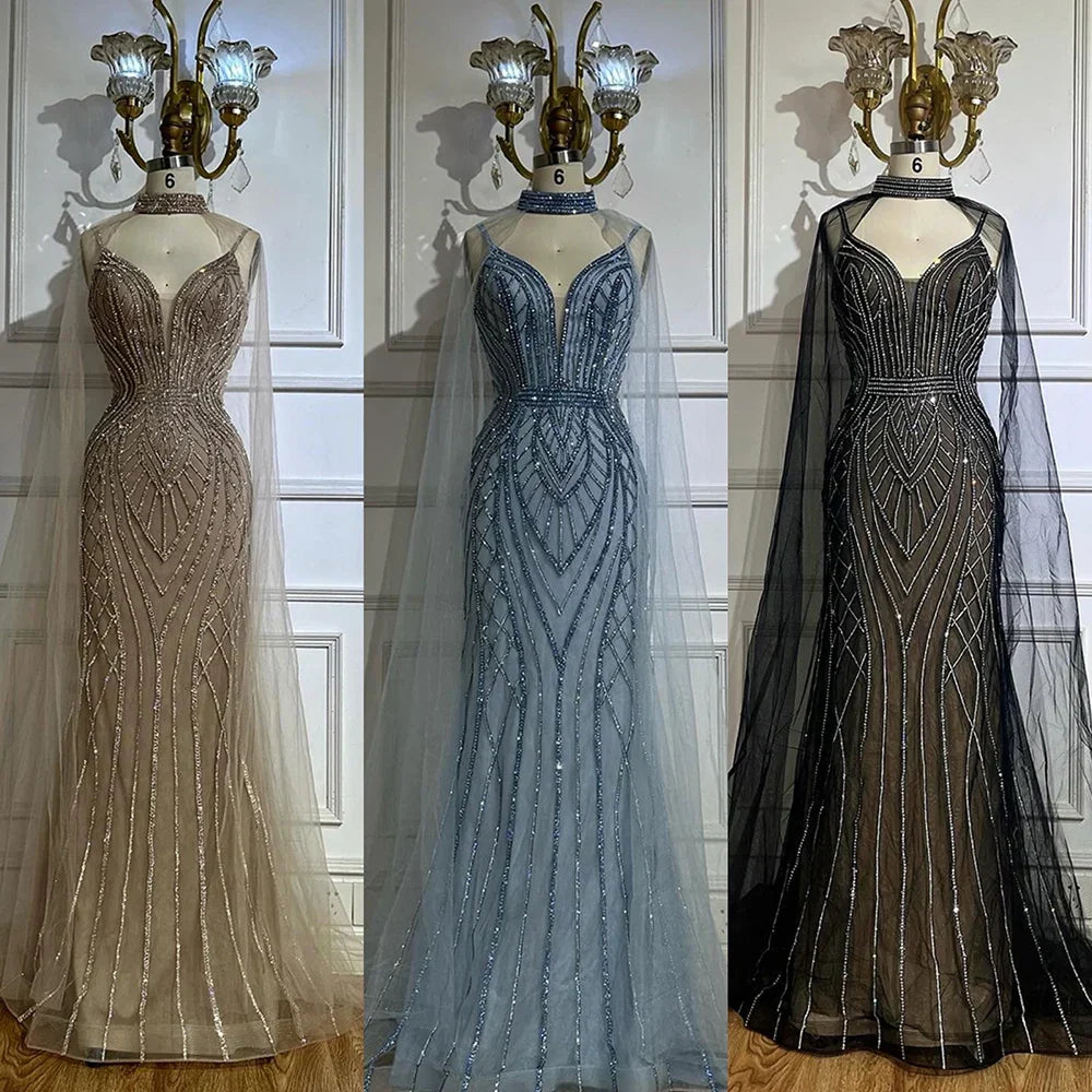 Vestidos de noche árabes de sirena color caramelo saudí 2025 con mangas de capa con cuentas para ocasiones formales LA72852 