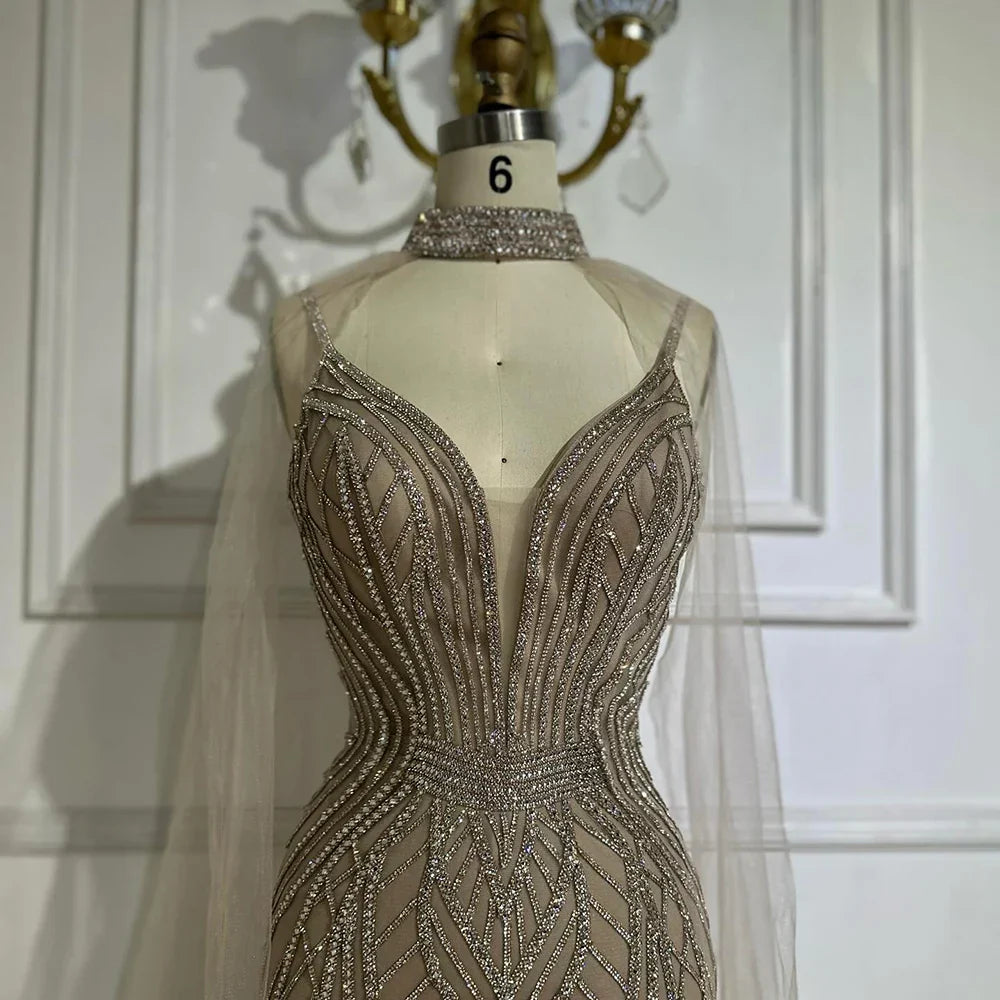 Vestidos de noche árabes de sirena color caramelo saudí 2025 con mangas de capa con cuentas para ocasiones formales LA72852 