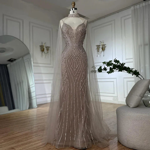 Robe de soirée sirène arabe couleur caramel saoudien 2025 avec manches cape perlées pour une occasion formelle LA72852 