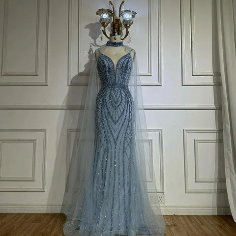 Robe de soirée sirène arabe couleur caramel saoudien 2025 avec manches cape perlées pour une occasion formelle LA72852 