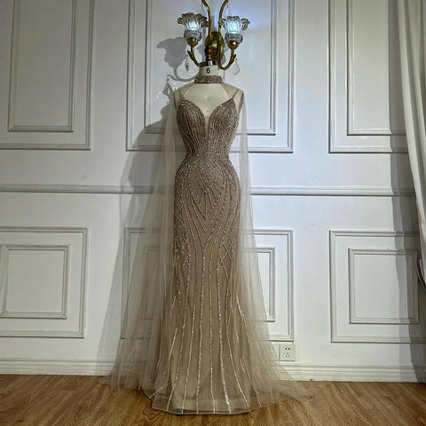 Robe de soirée sirène arabe couleur caramel saoudien 2025 avec manches cape perlées pour une occasion formelle LA72852 