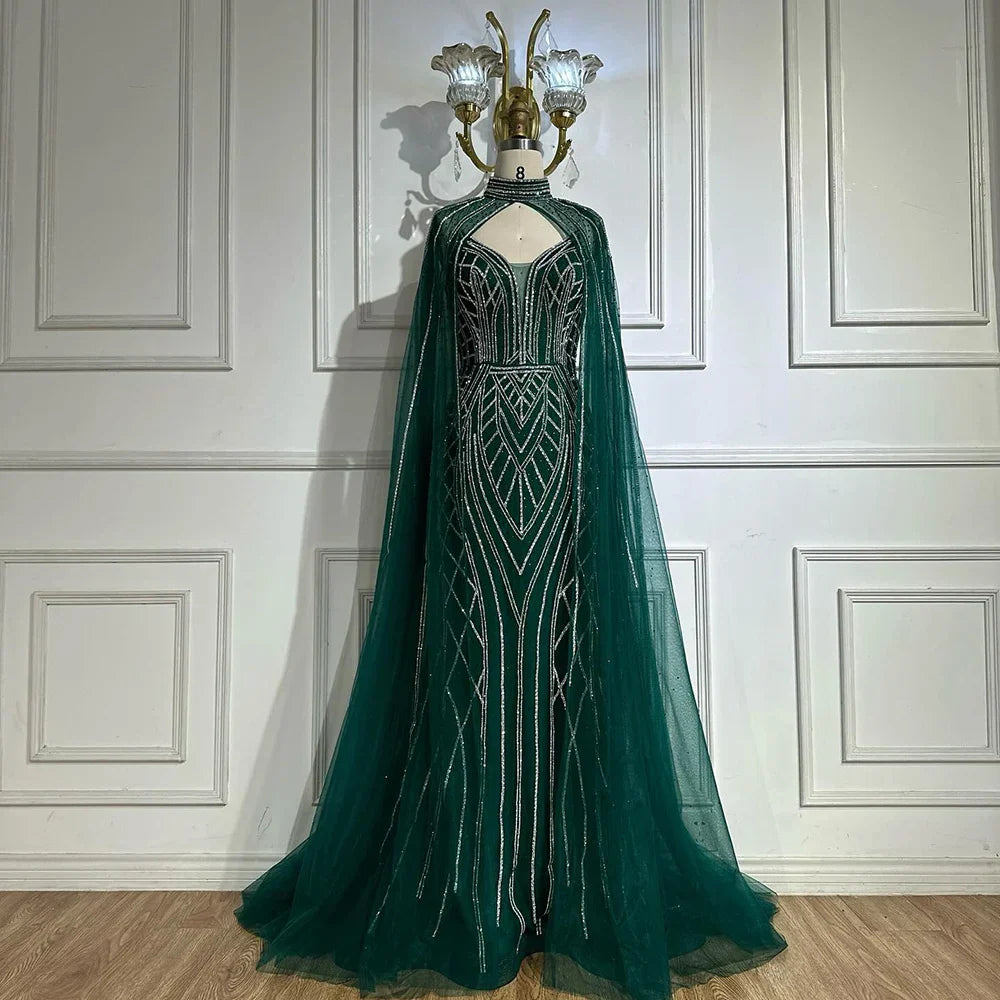 Vestidos de noche árabes estilo sirena verde saudí 2025 con mangas de capa con cuentas para ocasiones formales LA72838 