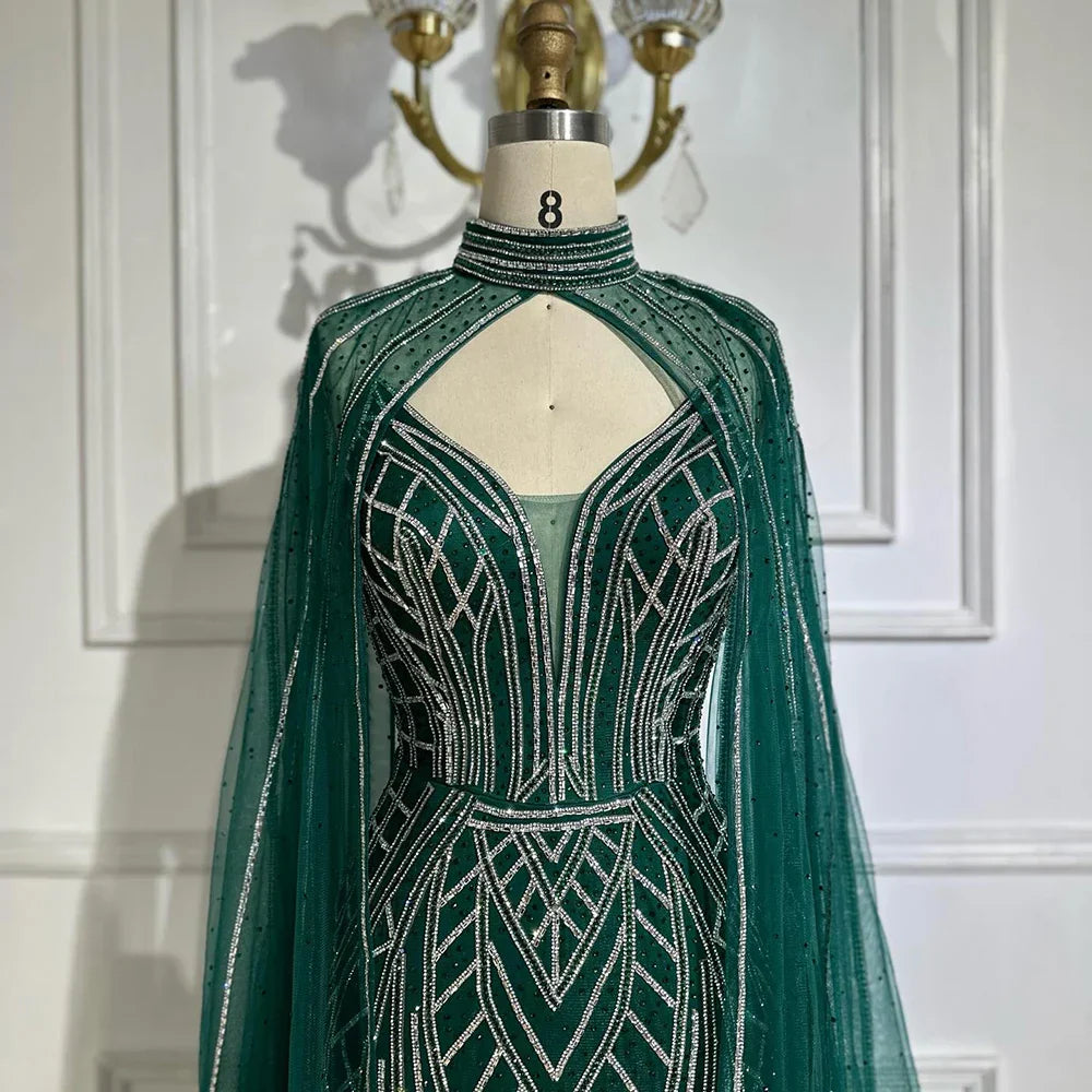 Vestidos de noche árabes estilo sirena verde saudí 2025 con mangas de capa con cuentas para ocasiones formales LA72838 