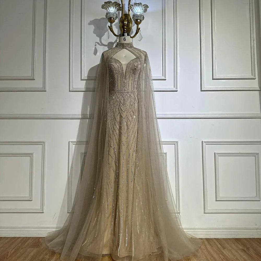 Vestidos de noche árabes estilo sirena verde saudí 2025 con mangas de capa con cuentas para ocasiones formales LA72838 