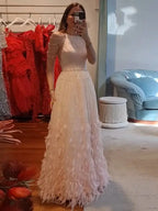 Vestido de noche árabe de lujo con plumas rosas, corte en A y cuentas, estilo saudí, para ocasiones formales LA72721 