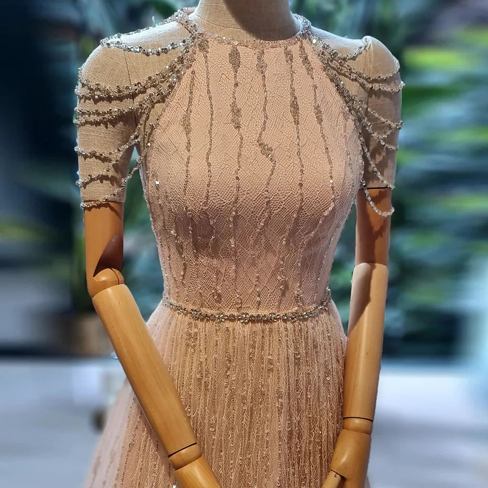 Vestido de noche árabe de lujo con plumas rosas, corte en A y cuentas, estilo saudí, para ocasiones formales LA72721 