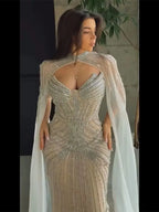 Vestido de noche de sirena color nude con cuentas, estilo saudí, con mangas de capa desmontables para ocasiones formales LA72891 