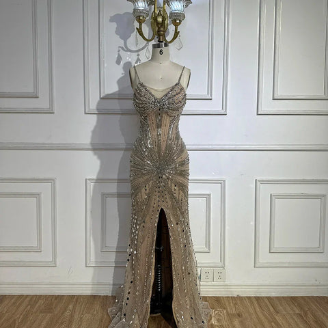 Robe de soirée sirène à bretelles spaghetti et perles argentées nude 2025, pour une occasion formelle, LA72803 