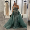Vestido de noche corte sirena sin tirantes color turquesa, estilo saudí, con sobrefalda para ocasiones formales LA72880 (modelo 2025) 