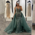 Vestido de noche corte sirena sin tirantes color turquesa, estilo saudí, con sobrefalda para ocasiones formales LA72880 (modelo 2025) 