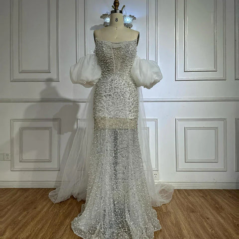 Nude Beaded Evening Gown with Vintage Half Puff Sleeves LA72653A