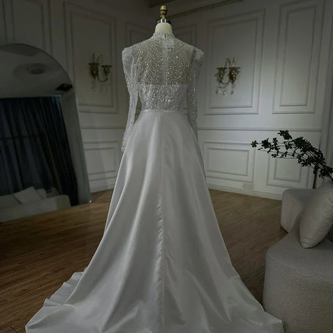 Vestido de noche blanco estilo sirena musulmán 2025 con sobrefalda desmontable para ocasiones formales LA72032L