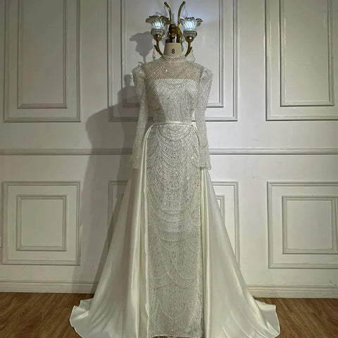 Vestido de noche blanco estilo sirena musulmán 2025 con sobrefalda desmontable para ocasiones formales LA72032L