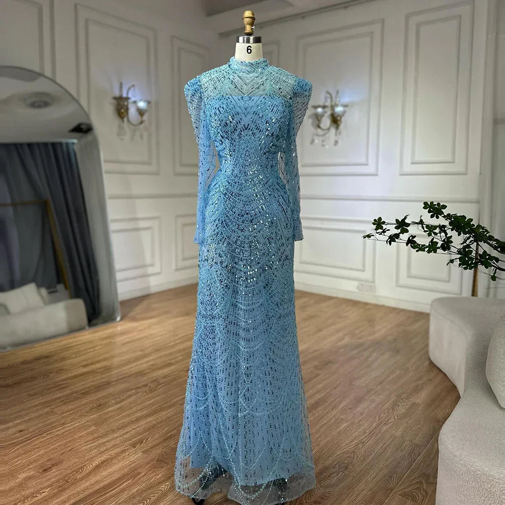 Vestido de noche blanco estilo sirena musulmán 2025 con sobrefalda desmontable para ocasiones formales LA72032L
