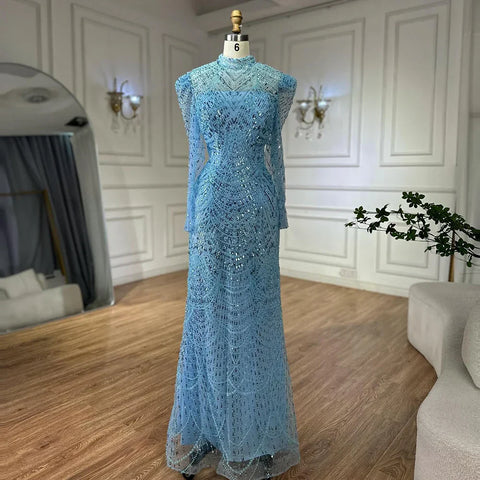 Vestido de noche blanco estilo sirena musulmán 2025 con sobrefalda desmontable para ocasiones formales LA72032L