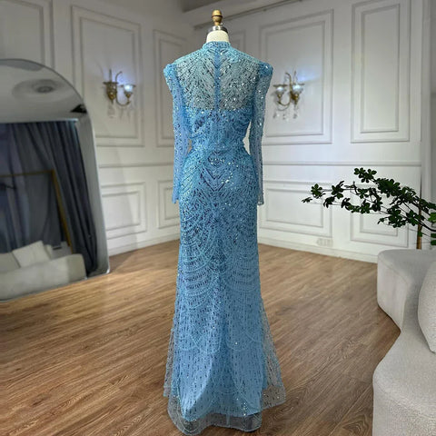 Vestido de noche blanco estilo sirena musulmán 2025 con sobrefalda desmontable para ocasiones formales LA72032L