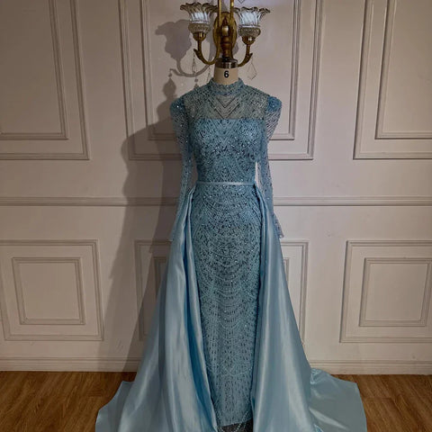 Vestido de noche blanco estilo sirena musulmán 2025 con sobrefalda desmontable para ocasiones formales LA72032L