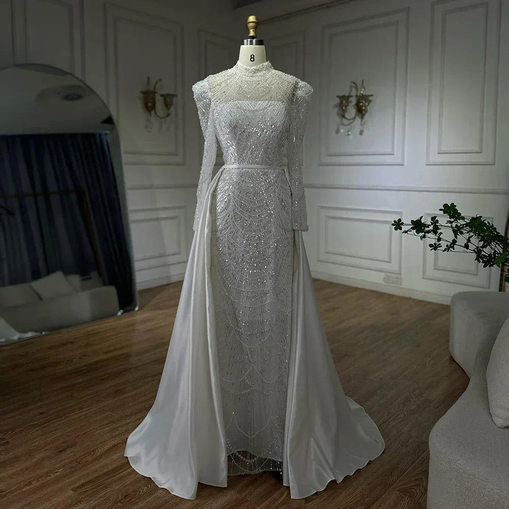 Vestido de noche blanco estilo sirena musulmán 2025 con sobrefalda desmontable para ocasiones formales LA72032L