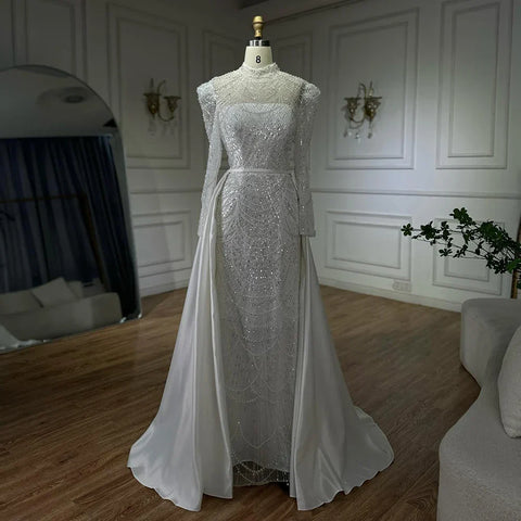Vestido de noche blanco estilo sirena musulmán 2025 con sobrefalda desmontable para ocasiones formales LA72032L