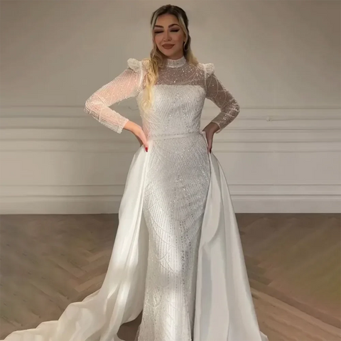 Vestido de noche blanco estilo sirena musulmán 2025 con sobrefalda desmontable para ocasiones formales LA72032L