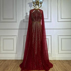 Vestido de noche de sirena color vino tinto con cuentas y capa, estilo saudí, para ocasiones formales LA72707A 