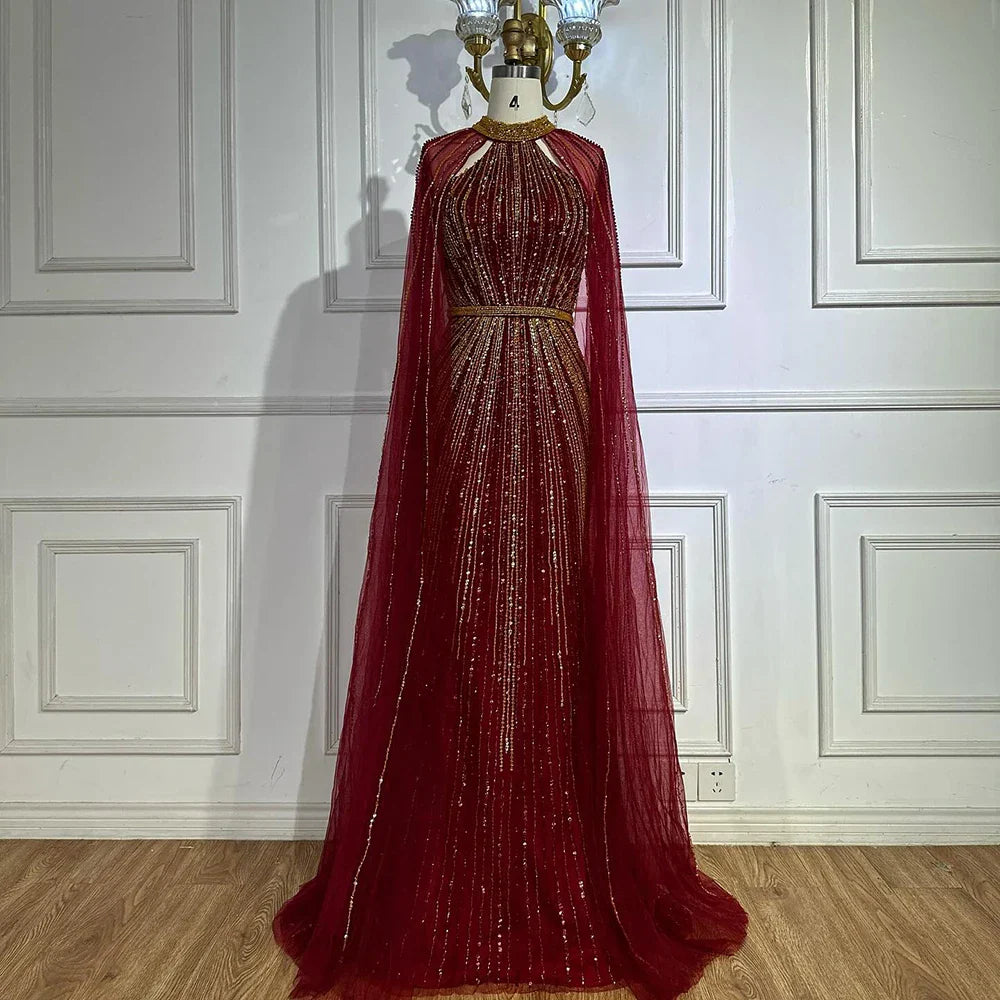 Vestido de noche de sirena color vino tinto con cuentas y capa, estilo saudí, para ocasiones formales LA72707A 