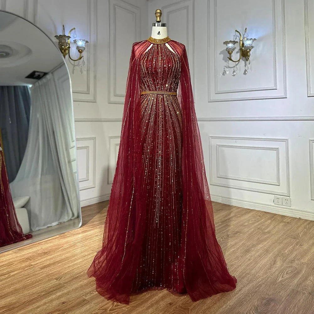 Vestido de noche de sirena color vino tinto con cuentas y capa, estilo saudí, para ocasiones formales LA72707A 