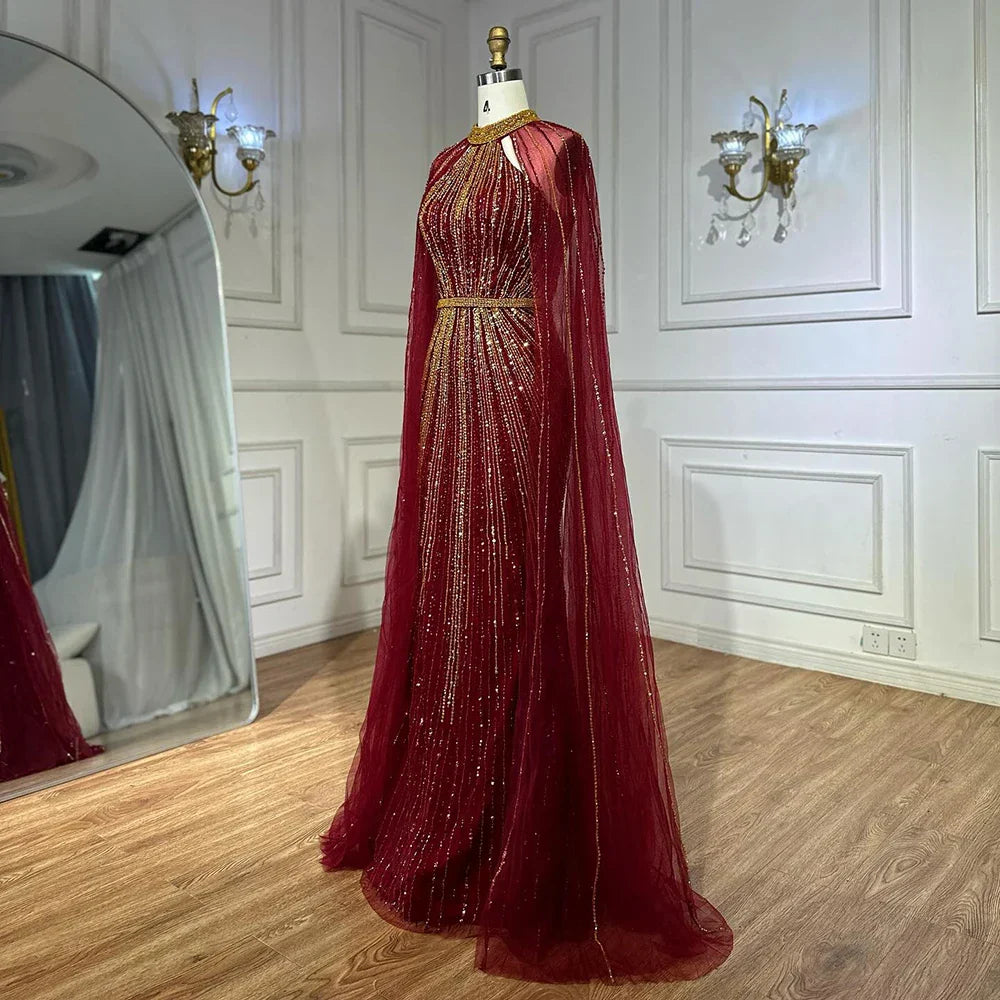 Vestido de noche de sirena color vino tinto con cuentas y capa, estilo saudí, para ocasiones formales LA72707A 