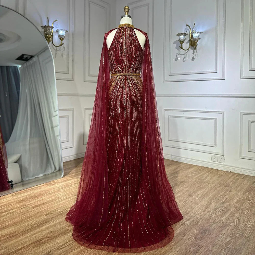 Vestido de noche de sirena color vino tinto con cuentas y capa, estilo saudí, para ocasiones formales LA72707A 