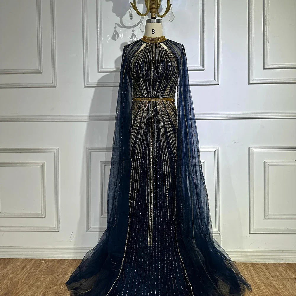 Vestido de noche de sirena color vino tinto con cuentas y capa, estilo saudí, para ocasiones formales LA72707A 