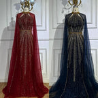 Vestido de noche de sirena color vino tinto con cuentas y capa, estilo saudí, para ocasiones formales LA72707A 