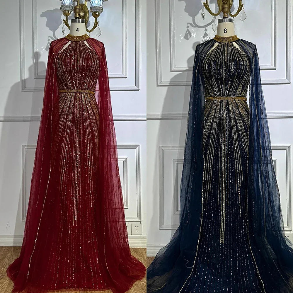 Vestido de noche de sirena color vino tinto con cuentas y capa, estilo saudí, para ocasiones formales LA72707A 