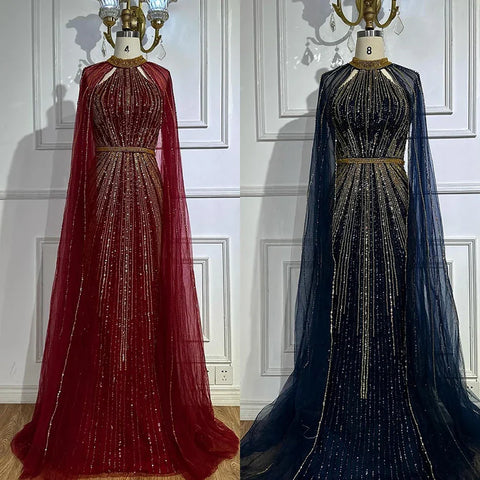 Robe de soirée sirène rouge vin 2025, avec cape et perles, pour une occasion formelle, LA72707A 