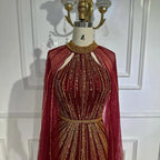 Vestido de noche de sirena color vino tinto con cuentas y capa, estilo saudí, para ocasiones formales LA72707A 