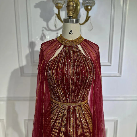 Robe de soirée sirène rouge vin 2025, avec cape et perles, pour une occasion formelle, LA72707A 