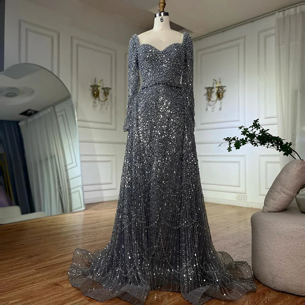 Vestidos de noche de sirena grises con cuentas y sobrefalda, estilo árabe saudí, para ocasiones formales LA72849 