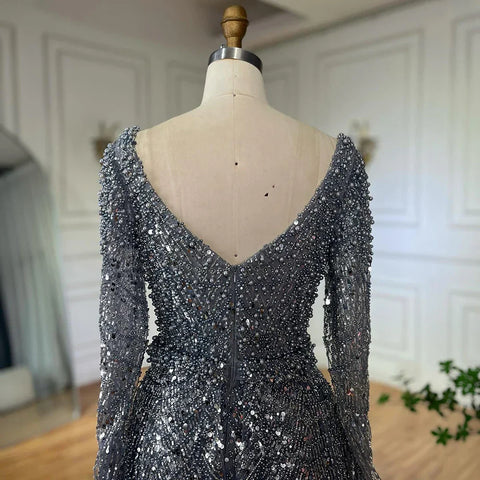 Robe de soirée sirène grise saoudienne, ornée de perles et d'une jupe, pour une occasion spéciale, LA72849, 2025 