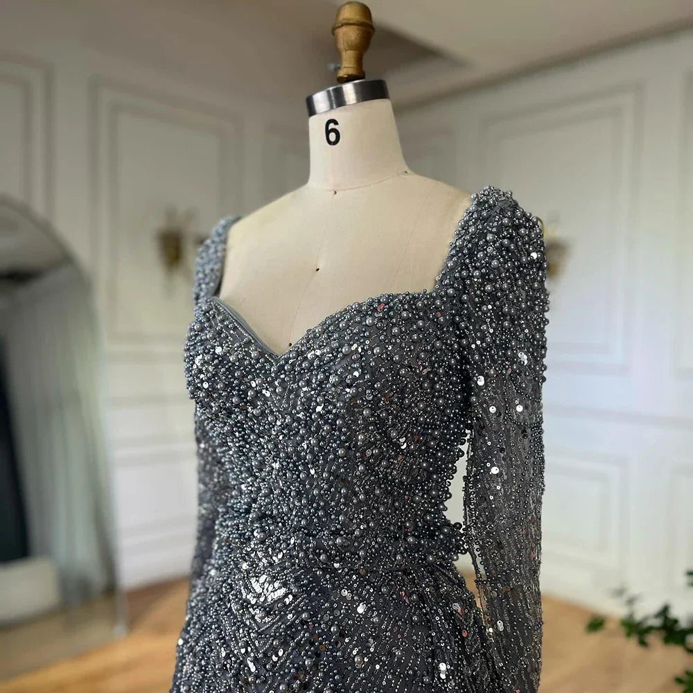 Vestidos de noche de sirena grises con cuentas y sobrefalda, estilo árabe saudí, para ocasiones formales LA72849 