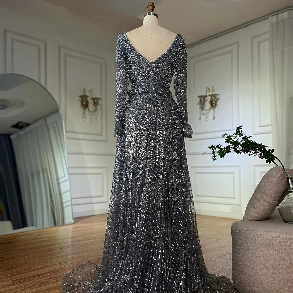 Vestidos de noche de sirena grises con cuentas y sobrefalda, estilo árabe saudí, para ocasiones formales LA72849 