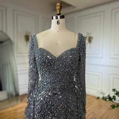 Robe de soirée sirène grise saoudienne, ornée de perles et d'une jupe, pour une occasion spéciale, LA72849, 2025 