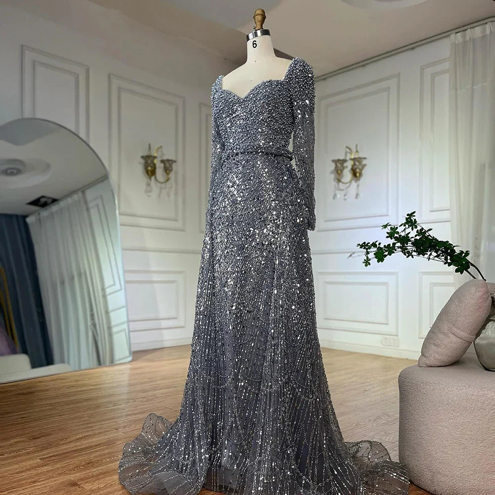 Vestidos de noche de sirena grises con cuentas y sobrefalda, estilo árabe saudí, para ocasiones formales LA72849 