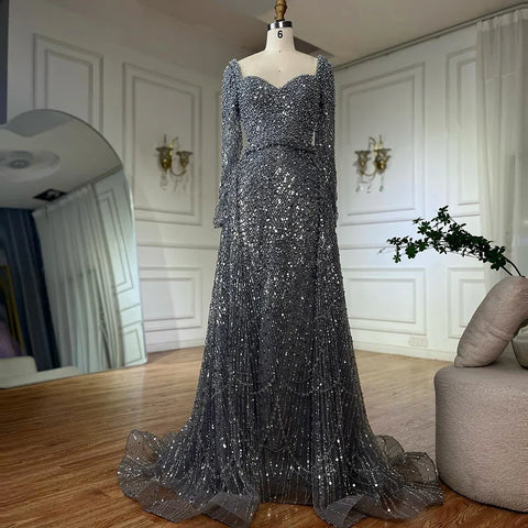 Robe de soirée sirène grise saoudienne, ornée de perles et d'une jupe, pour une occasion spéciale, LA72849, 2025 