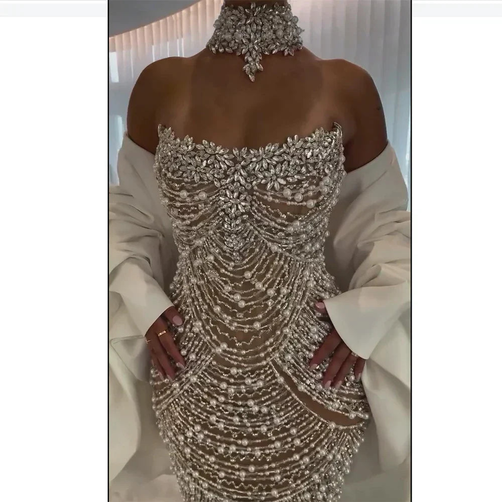 Vestidos de noche de sirena blancos con cuentas para mujer, estilo saudí, modelo LA72802 (2025). 
