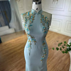 Vestido de noche de satén con borlas y cuentas estilo sirena, modelo LA72797B de Saudi Mint (2025). Ideal para ocasiones formales. 