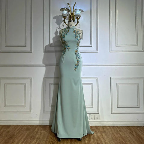 Robe de soirée sirène en satin à pompons et perles, couleur menthe saoudienne, avec corset, pour une occasion spéciale, LA72797B, 2025 